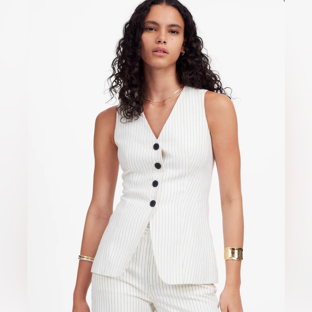 Madewell White Pinstripe Sleeveless Button Vest
